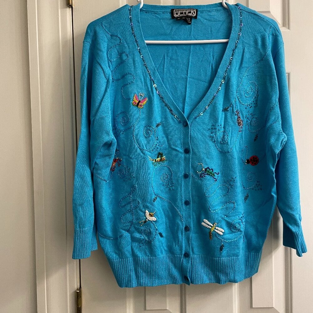 Vintage Berek by Takako Sakon Blue Butterfly Novelty Cardigan